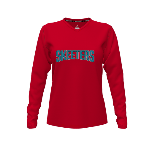[CUS-DFW-TEES-PER-VNK-LSL-RED-FYXS-LOGO1] Decker Performance T-Shirt (Female Youth XS, Red, V Neck, Logo 1, Long Sleeve)