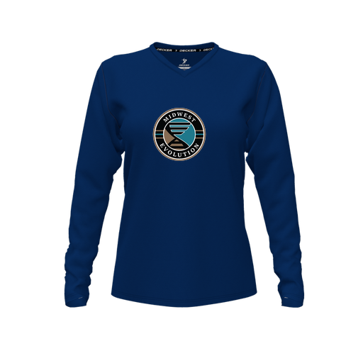 [CUS-DFW-TEES-CMF-VNK-LSL-NVY-FYXS-LOGO3] Decker Comfort T-Shirt (Female Youth XS, Navy, V Neck, Logo 3, Long Sleeve)