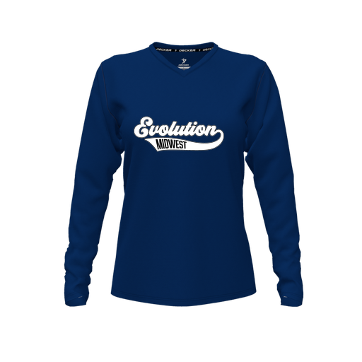 [CUS-DFW-TEES-PER-VNK-LSL-NVY-FYXS-LOGO2] Decker Performance T-Shirt (Female Youth XS, Navy, V Neck, Logo 2, Long Sleeve)
