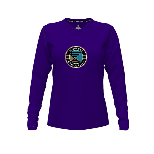 [CUS-DFW-TEES-PER-VNK-LSL-PUR-FYXS-LOGO3] Decker Performance T-Shirt (Female Youth XS, Purple, V Neck, Logo 3, Long Sleeve)